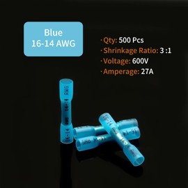 16-14 AWG Heat Shrink Butt Connectors - 500Pcs Blue Insulated Waterproof Electrical Marine Automotive Wire Splice Connector Crimp Wiring Terminals