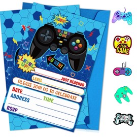 PTECDROTS 20Pcs Video Game Party Invitations Sets with Envelopes Gamer Stikers Double-sided Printed Blue Game On Birthday Invitations for Boys Birthday Party Gaming Party Decorations, 6.7x4.7 Inch