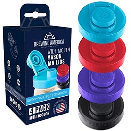 Mason Jar Lids Wide Mouth Plastic 4 pack-USA Made-Flip Cap Screw Top Pour Spout Drink Hole - Leak-proof for Kerr and Ball Canning Jars - Airtight for Drinks to Go and Controlled Pouring - Multi-Color