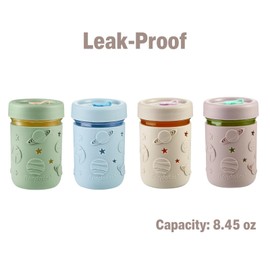 PandaEar 4 Pack Kids & Toddler Glass Cups, Glass Mason Jar Cups 8.45 oz with Silicone Sleeves & Straws, Toddler Spill-Proof Smoothie Cups