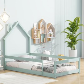 Zyerch Twin Floor Bed for Children, Twin Size Wood Bed with House-Shaped Headboard, Montessori Floor Bed with Fences for Girls and Boys(Light Green)