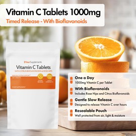 Vitamin C Tablets 1000mg | 360 Slow Release Tablets | with Bioflavonoids & Rose HIPS | Natural Immune Support | One A Day
