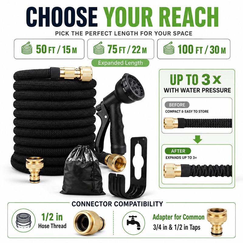 Expandable Garden Hose Kit with 8-Pattern Spray Gun, Metal Connectors,
