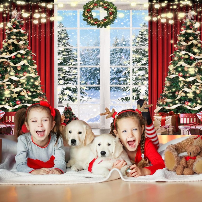 Christmas Backdrop Xmas Tree Window Winter Forest Snow 10x8ft
