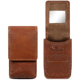 Tony Perotti Womens Italian Bull Leather Top Flap Double Lipstick Case with Mirror in Cognac
