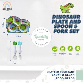ARI MES Dinosaur Shaped Plate and Spoon & Fork Set Divided Plate BPA Free Eco-Friendly Dinnerware Toddler Child Children Kids Snack Meal Plate Feeding Picky Eater Boys (Dinosaur Plate + Spoon & Fork)