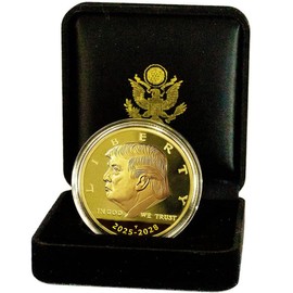 eTradewinds Donald J.Trump Replica Gold Piece, 2025-2028 Edición Presidencial de 24 quilates Moneda chapada en oro de 24 quilates, vitrina de terciopelo, certificado de autenticidad con soporte de