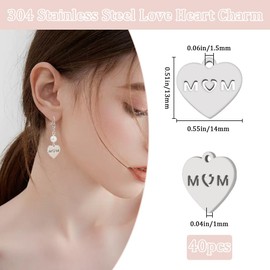 Beebeecraft 1 Box 40Pcs Love Heart Charms 304 Stainless Steel Mini Mom Charms for Jewelry Making Bracelets Necklace Keychains Findings Mother's Day Birthday Gifts Diy Crafts Accessories 13x14mm