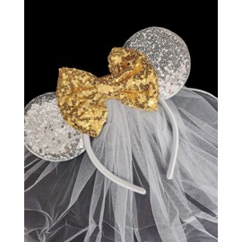 CLGIFT Bride Minnie Ears Headband in White Veil, Rose Gold & Pink for Wedding, Honeymoon, Bachelorette Party (silver & gold, one size fits most, 1 Count)