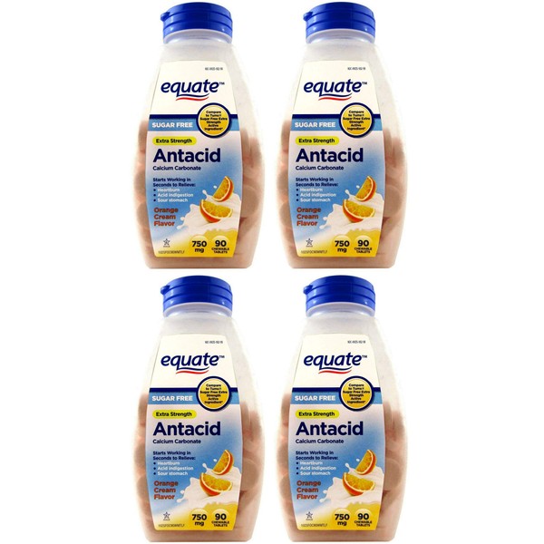Equate Extra Strength Sugar Free Antacid Orange Cream Flavor, 90 Count, Pack of 4