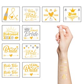Hen Party Temporary Tattoos,10 Sheets Team Bride Gold Tattoo Stickers Fake Flash Metallic Tattoos for Girls Women Hen Do Night Bridal Shower Bachelorette Party Favors