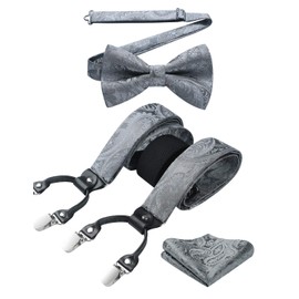 HISDERN Men's Braces 3.5 cm with 6 Extra Strong Clips in Y-Shape Elastic Length Adjustable 130 cm Bow Tie and Braces Set of 3 for Men, Grey Paisley