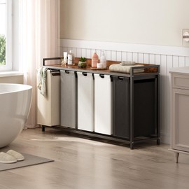 Herture Laundry Hamper with Shelf, Laundry Basket 5 Section, Laundry Sorter with Pull-Out Removable Large 5 Color Bags and Movable Wheels, Metal Frame, 5 x 15.87 Gallons (60L), Rustic Brown PF08XLN