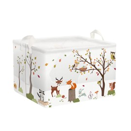 Clastyle White Wildtier Würfel Aufbewahrungskorb für Babyzimmer Hirsch Fuchs Vogel Eichhörnchen Kaninchen Baum Wasserdicht Rechteckig Regalkörbe Kleidung Spielzeug Kinder Aufbewahrungsbox, 36x26x23 cm