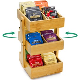 Yopay Tea Bag Organizer Rotating, Bamboo Tea Station Organizering for Counter, 3 Tiers Spinning Lazy Susan Tea Stand Caddy for Kitchen, Bar, Cabinet Pantry Shelf Organizer