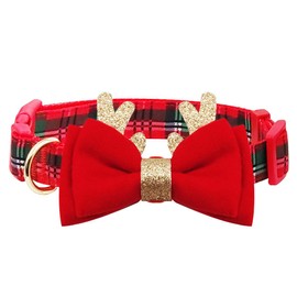azuza Christmas Dog Collar, Unique Design Plaid Dog Collar with Bowtie and Cute Glitter Reindeer Ear, Soft & Comfy Xmas Dog Collars, Best Gifts for Small Dogs
