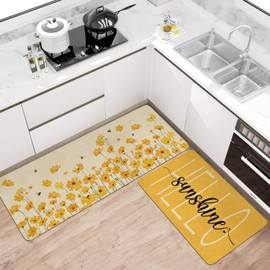 Xsinufn Spring Summer Farmhouse Kitchen Rugs and Mats Set of 2,Yellow Flowers Floral Hello Sunshine Kitchen Mat,Non Slip Washable Kitchen Floor Sink Mats Decorations for Home Kitchen 18"x48"+18"x30"