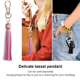 YAPROMO Keychain Bracelet, Silicone Beades Key Ring Wristlet for Women, Key Ring Bangle with Leather Tassel, Elastic Keyring Chain for Girls