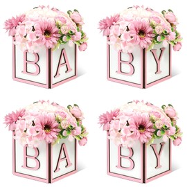 MASTRON Baby Shower Centerpieces for Table - 4 Set of Wood Boxes with Baby Letters 6 x 6 inch Cube Planter Vase Baby Blocks for Boys Baby Shower Gender Reveal Favor - Pink