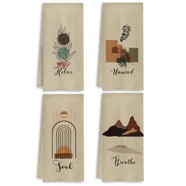 COWEB Boho Botanical Bathroom Hand Towels Set of 4, Relax Breathe Soak Unwind Decorative Hand Towels, Gym Yoga Spa Bathroom Decor, Boho Bathroom Decor, 16x24 Inches(Style A)