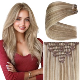 Sunny Hair Clip in Hair Extensions Remy Human Hair Extensions for Women Real Hair Clip in Extensions Double Weft Golden Brown Highlighted Platinum Blonde (12 inch-5pcs/80g, 14-24 inch-7pcs/120g)
