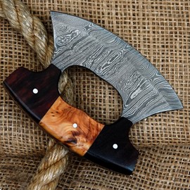 WAZIR CRAFTS Handmade Damascus Steel Ulu Knife | Multi-Purpose Alaska Knife For Chopping, Rocking, Mincing, Slicing Meat & Herb (WCU-03) (Wood)