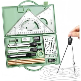 THJOPOKEEL Kit de dibujo,Kit de dibujo | Kit de geometría de reglas y compases de metal | Juego de regla triangular, brújula y transportador, lápices 