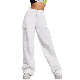 LONGYIDA Women's High Waisted Cargo Jeans Straight Wide Leg Stretch Baggy Jeans Y2K Casual Loose Denim Cargo Pants Trousers(White,M)