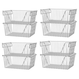 Slideep 14" Large Stackable Storage Baskets, Cabinet Organizer Sturdy Metal Wire Pantry Freezer Bin for Pantry Home Bathroom Kitchen Organization - Set of 8