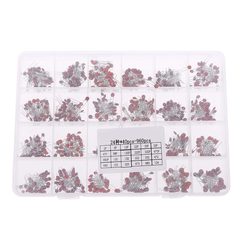 TopHomer Ceramic Capacitor Assortment Kit, 960 Pieces, 24 Values, 2pF-0.1UF,