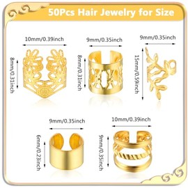 Tyqour 50pcs Gold Hair Jewelry for Braids Accessories Loc Jewelry for Hair Dreadlocks Adjustable Hair Rings Hair Cuff Hair Charms Braid Jewelry Hair B