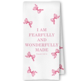 SkipTiger Pink Coquette Bow Christian Kitchen Towels, Psalm 139:14 Bible Verse Decor Dish Tea Towels for Kitchen, Faith Based Gifts Hand Towels for Bathroom Decor, 16x24 Inch
