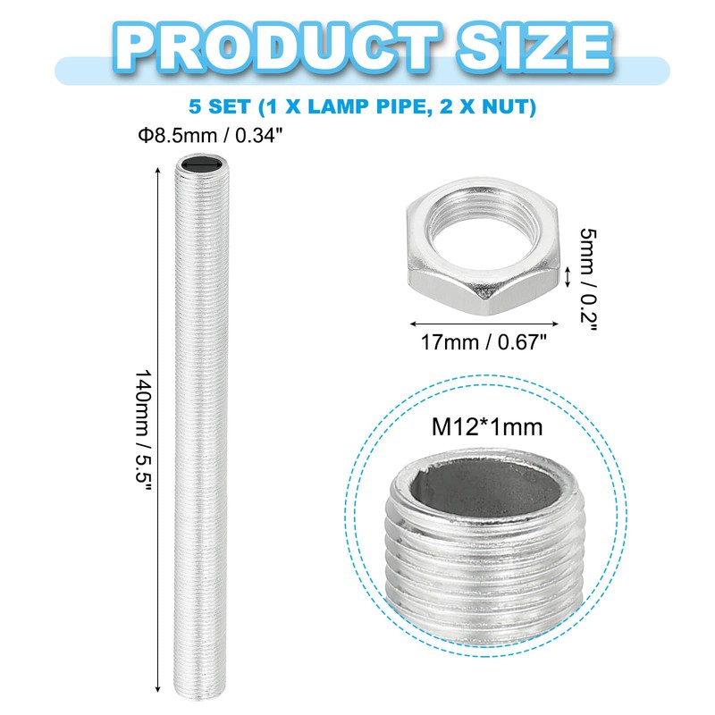 PATIKIL M12 Thread 140mm/5.5" Lamp Pipe Kit with Lock Nuts,