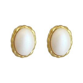 Vintage Oval Shaped Pearl Statement Stud Earrings for Women Dainty 925 Sterling Silver Post 14K Gold Plated Huggie Studs Fashion Minimalist Trendy Jewelry Wedding Mother's Day Gift