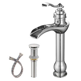 BWE Chrome Vessel Sink Faucet Waterfall with Pop Up Drain Assembly and Supply Hose Lead-Free Single-Handle Single Hole Bathroom Faucet Lavatory Mixer Tap Tall Body