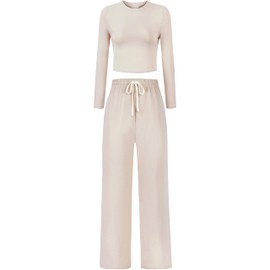 QCHENG Two Piece Sets for Women Long Sleeve Crop Tops Wide Leg Pants Lounge Set Cotton Sweatsuits Women 2 Piece Outfit Teen Girls Clothing Apricot M