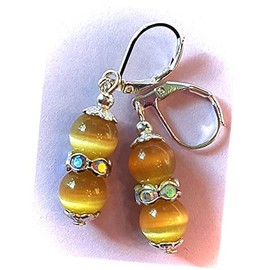 Khaki Cat Eye And Crystal Drop Earring Sp Leverback Handcrafted Adorable Statement Jewelry Earrings for Women