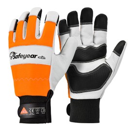 SAFEYEAR Chainsaw Gloves, L, White Cowhide & PVC Reinforced, EVA Shock Absorption, Fluorescent Orange Reflective, Chainsaw Safe Left Hand, Velcro Fastening - Durable & Non-Slip