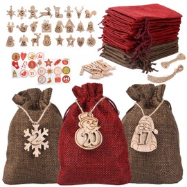 Hoiny Christmas Advent Calendar, 24 Pieces Advent Calendar Bags for Filling, Christmas Countdown Calendar Fabric Bags, DIY Advent Calendar Set, with 24 Pieces Wooden Tags, 24 Clips and 10 m Jute