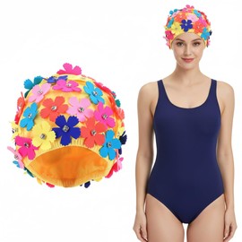 Veemoon 1 PC Simulation Flower Petal Shower Cap Hair Rhinestones Colorful Rhinestones Retro Decor Ear Protection Swimming Hat Swim Hats Floral Swim Cap Women Bathing Caps Tab