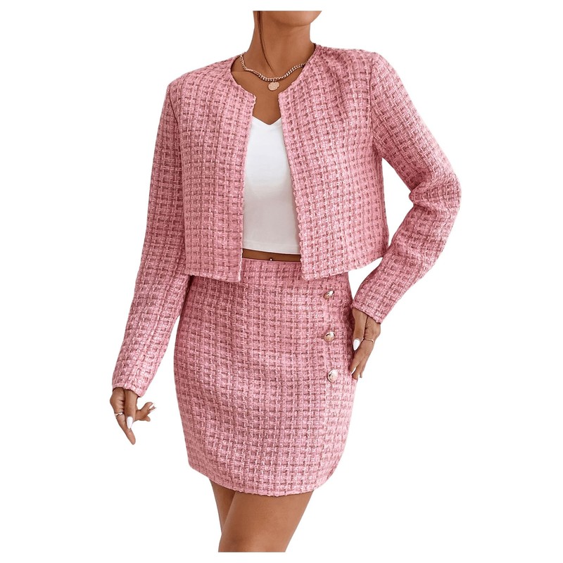 Floerns Women's 2 Piece Outfits Plaid Tweed Blazer Long Sleeve