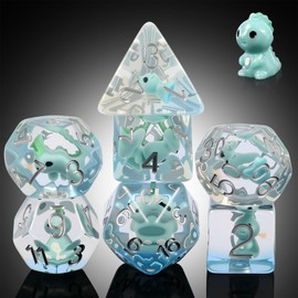 Dinosaur D&D Dice Set 7PCS Polyhedral Dice for Dungeons and Dragons, D&D RPG Resin Dice with Silver Numbers in Gift Velvet Bag for DND Players（Dinosaur
