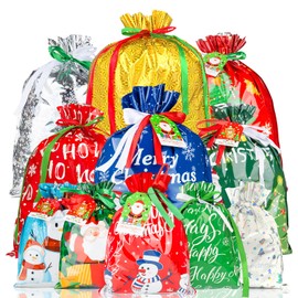 RBONIGHT 38PCS Christmas Drawstring Gift Bags of Assorted Sizes Small Medium Large Jumbo, Holiday Bags with Colorful Drawstrings for Xmas Party Favors,Christmas Presents
