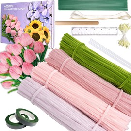 400Pcs Pipe Cleaners Craft for Flowers – Pipe Cleaners Bulk with 4 Assorted Colors Chenille Stems for DIY Flower Making Kit, Includes Floral Wires, Tape, Stamen and Ribbon(Pink)
