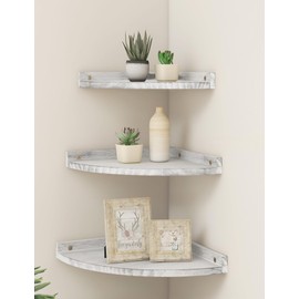 Godimerhea Corner Shelves Wall Mount, Rustic Natural Wood Corner Floating Shelf, Distressed White Storage Organizer Corner Wall Shelves for Living Room Kitchen Bedroom Bathroom Laundry, 9.68x9.68 Inch