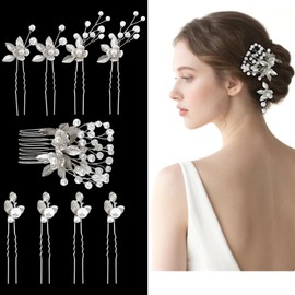 9Pcs Wedding Hair Pieces for Brides, Bridal Hair Pins Combs - Pearl Aesthetic Hairpins | Vintage Headpiece Jewelry for Brides, Bridesmaids, Flower Girls & Women (silver)