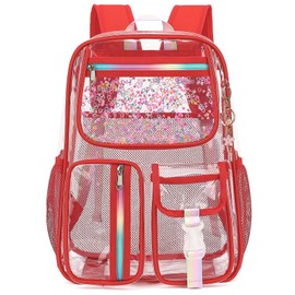 Clear Backpack for Girls Women, School Bookbag Heavy Duty See Through Backpacks (Red)