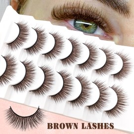 7 Pairs 3D Brown False Eyelashes Natural Look Fluffy Volume Curly Artificial Eyelashes Natural Look Reusable Handmade Faux Mink Makeup Eyelashes (B-H2)