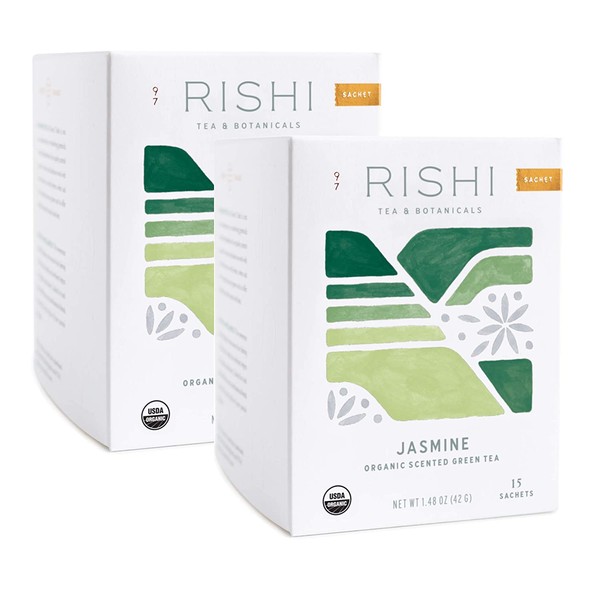 Rishi Tea Jasmine Green Herbal Tea | Immune Support, USDA Certified Organic, Fair Trade Green Tea, Caffeinated, Floral Aroma & Taste | 15 Sachet Bags, 1.48 oz (Pack of 2)