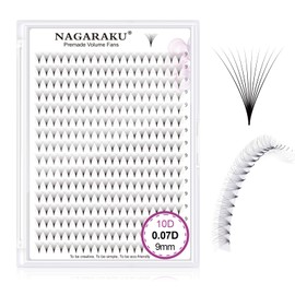 NAGARAKU Eyelash Extensions 320 Pcs Premade Fans Russian Volume Long Stem Premade Fans Thin Pointy Base Natural Pre Fanned Fluffy False Eyelash Clusters Black 16 Rows (10D 0.07 D Curl 9mm)